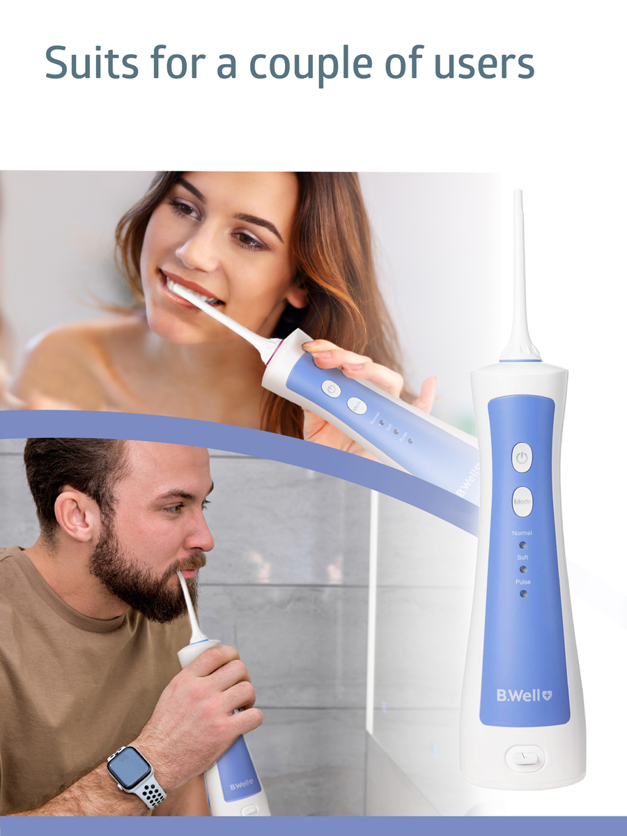 A couple using a B.Well oral irrigator for daily dental care